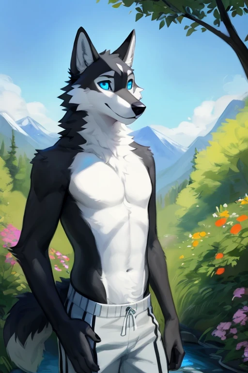 ((Danny a anthropomorphic black, grey, and white male wolf Danny a black, white, and grey anthropomorphic male wolf with blue eyes in the woods during a sunny day wearing black shorts chasing a butterfly in the woods with a lot of nature, bushes, trees and flowers with a little stream and mountains in the background  )) , looking at viewer,a little to the side, fur,solo, cartoon, (highly detailed illustration:1.2), best quality, masterpiece, solo, tail, torso, , standing, , Danny a anthropomorphic black, grey, and white male wolf, at the viewer with a very romantic look and pose, big chest , day, , sensual, detailed, uploaded to e621, beautiful and detailed portrait of an anthropomorphic , (((male))) uploaded to e621, zaush, foxovh, movie lighting, thicc, alone, detailed, 8k res, hires, detailed eyes, good anatomy, good perspective, towards viewer, by bebebebebe, by sicklyhypnos, by gerkk, by orf, nice hands, perfect hands, happy, romantic, ray tracing lighting, rtx on, By Bebebebebe, by SpiritD, by KOBITOWANI, b est quality, masterpiece, perfect anatomy, detai led picture)), 1femboy, , sexy body, fluffy tail, shy, horny, romantic, up close, wearing not a single bit of clothing, huge thighs,, huge. 