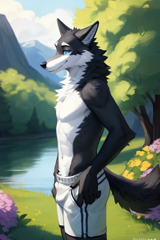 ((Danny a anthropomorphic black, grey, and white male wolf Danny a black, white, and grey anthropomorphic male wolf with blue eyes in the woods during a sunny day wearing black shorts chasing a butterfly in the woods with a lot of nature, bushes, trees and flowers with a little stream and mountains in the background  )) , looking at viewer,a little to the side, fur,solo, cartoon, (highly detailed illustration:1.2), best quality, masterpiece, solo, tail, torso, , standing, , Danny a anthropomorphic black, grey, and white male wolf, at the viewer with a very romantic look and pose, big chest , day, , sensual, detailed, uploaded to e621, beautiful and detailed portrait of an anthropomorphic , (((male))) uploaded to e621, zaush, foxovh, movie lighting, thicc, alone, detailed, 8k res, hires, detailed eyes, good anatomy, good perspective, towards viewer, by bebebebebe, by sicklyhypnos, by gerkk, by orf, nice hands, perfect hands, happy, romantic, ray tracing lighting, rtx on, By Bebebebebe, by SpiritD, by KOBITOWANI, b est quality, masterpiece, perfect anatomy, detai led picture)), 1femboy, , sexy body, fluffy tail, shy, horny, romantic, up close, wearing not a single bit of clothing, huge thighs,, huge. 