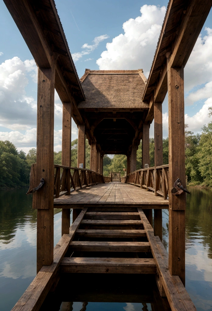 hyperrealistic wooden bridge, first person perspective crossing over, detailed architecture, ornate wooden beams and railings, natural lighting, realistic textures, weathered wood, reflections on water, lush foliage, dramatic clouds, photorealistic, 8k, high quality, detailed, masterpiece, witout roof