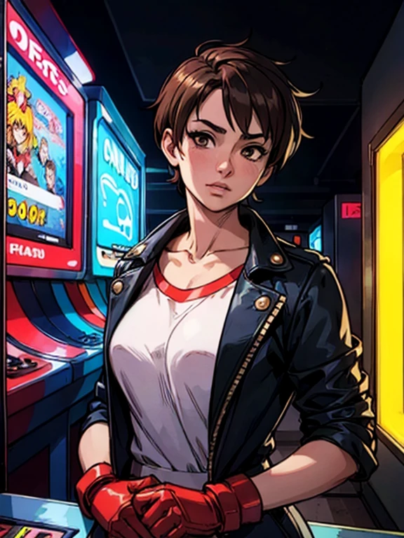 sakura kasugano, Brown eyes, short brown hair, diadema blanca, Cuello marinero, , mangas cortas, ombligo, falda azul, guantes rojos,tease, midle shot, looking at viewer,, closeup, inside a arcade, arcade cabinet, dark, neon lighting, high quality, masterpiece