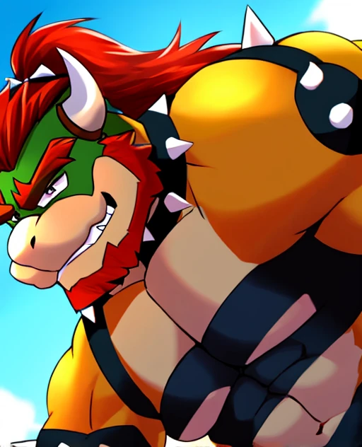 Muscular Bowser, long red hair with ponytail, beard