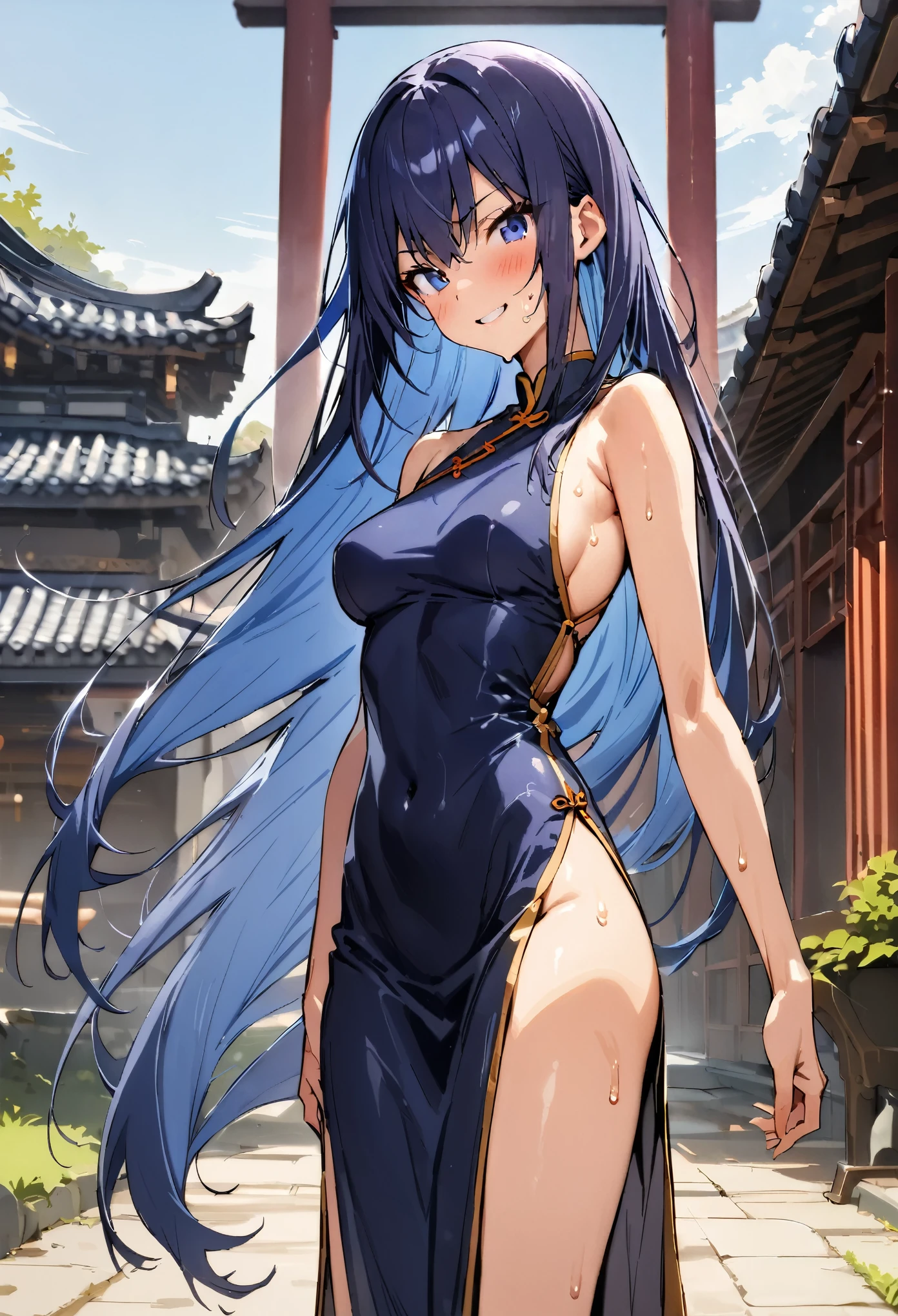 takeda hiromitsu style,(((masterpiece, highest quality:1.3,absurdres))),20 year old beauty,solo,((very small head)),long hair,bangs,dark blue hair,dark blue eyes,blush,smile,medium breasts,((very long body)),((toned body:1.2,slender body)),skinny,gleaming skin,shiny skin,sweat,(Dark blue cheongsam、Side slits,Thigh),The fighting attitude of kung fu、The grounds of an old temple、