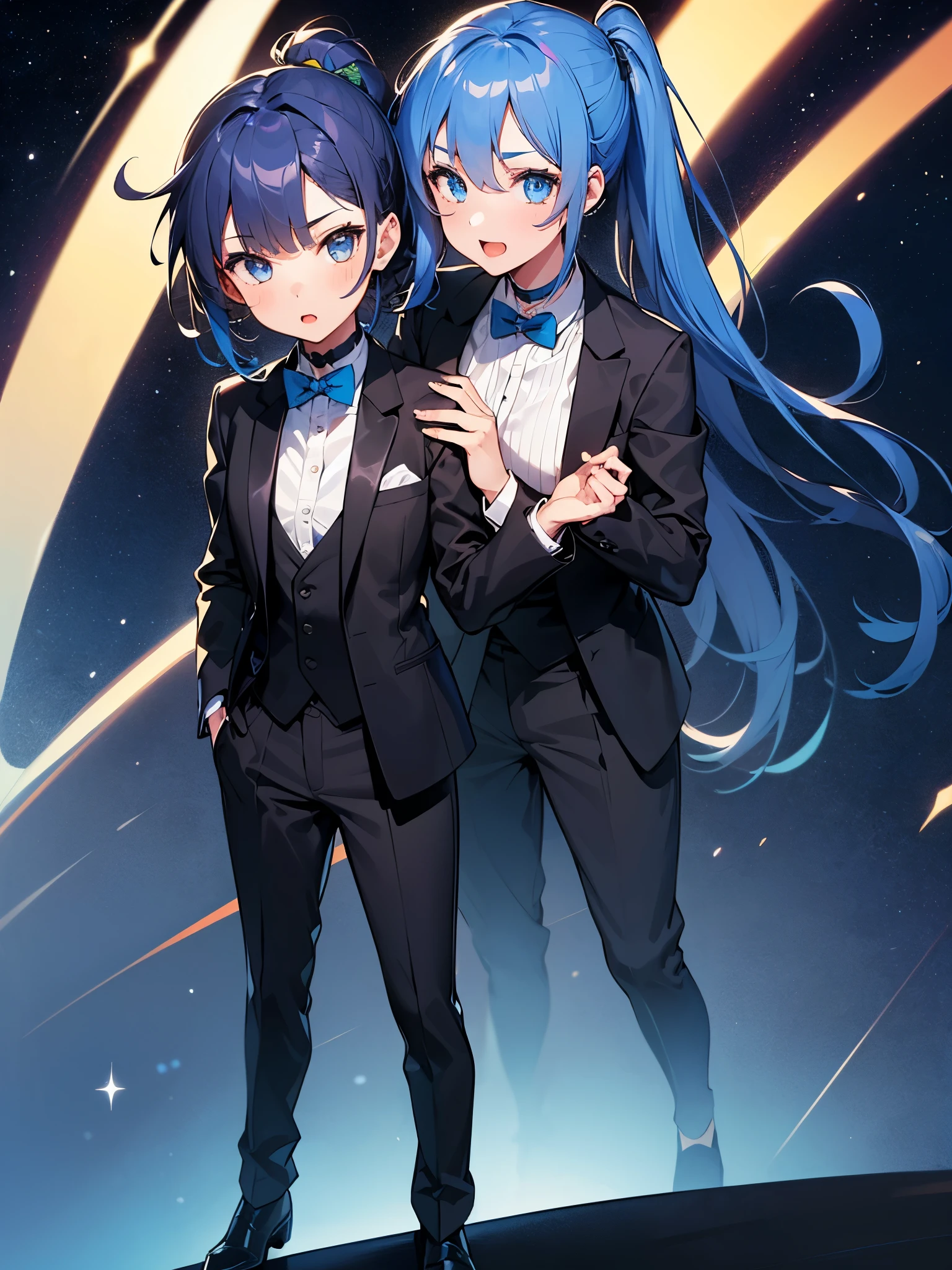 (One girl:1.5),Star Town Suisei、blue eyes、Blue Hair、choker、Hair between the eyes、Medium Hair、Side Ponytail、星のchoker,(Tuxedo:1.5),Suit pants,outer coat,Gentleman&#39;s clothing,White gloves,(Perfect hands),(Perfect Anatomy),(masterpiece),(highest quality),Cool smile,smile,Luxurious mansion,Office