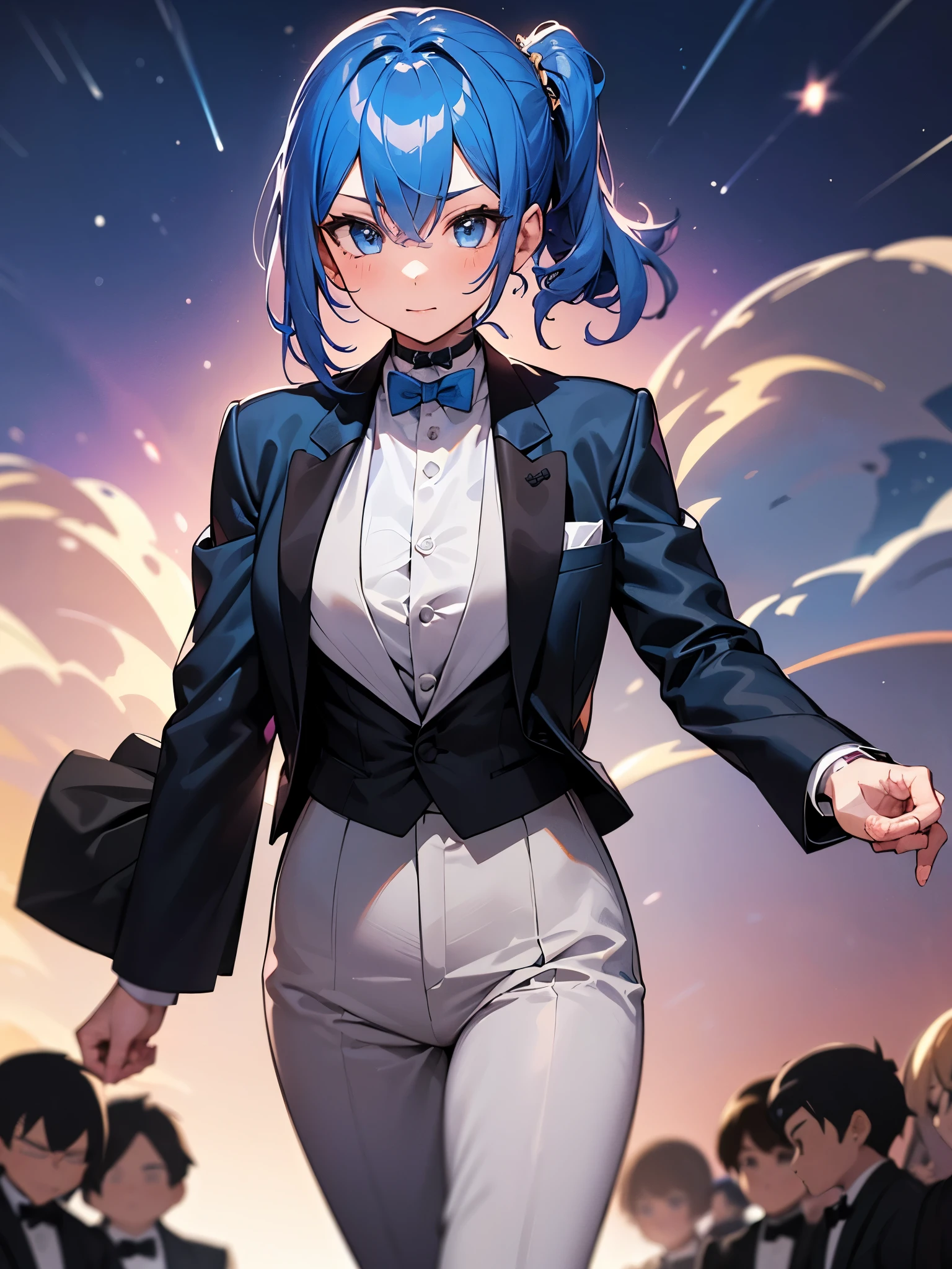 (One girl:1.5),Star Town Suisei、blue eyes、Blue Hair、choker、Hair between the eyes、Medium Hair、Side Ponytail、星のchoker,(Tuxedo:1.5),Suit pants,outer coat,Gentleman&#39;s clothing,White gloves,(Perfect hands),(Perfect Anatomy),(masterpiece),(highest quality),Cool smile,smile,Luxurious mansion,Office