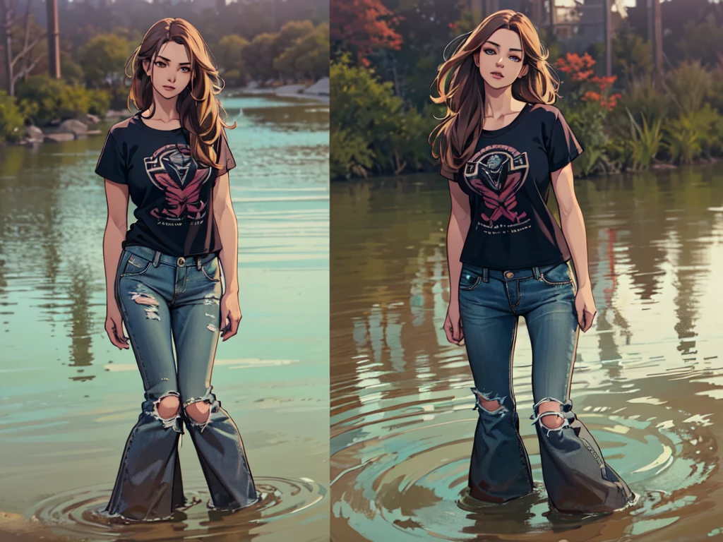 masterpiece, sinking in quicksand, memorable, feminine woman, t-shirt, flared jeans, dusk, fetishistic posing