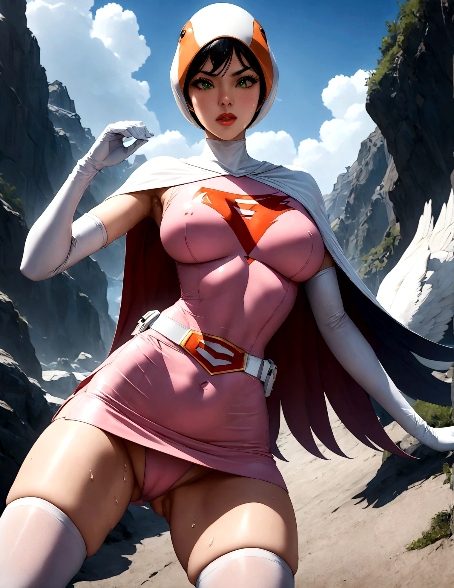 ((masterpiece)), ((highest quality)), ((High resolution)), ((Very detailed CG unity 8k wallpaper)), Beautifully detailed, Very detailed, 16k, Exquisite, Absurd, Beautiful background, Beautiful Eyes, Beautiful Skin, Beautiful Face, Outdoor, Day, Face Focus, View Viewer, alone, Concentrated, Dutch Angle Break, Hi3JTS, Jun The Swan, 1Girl, Glossy lips, Green Eyes, Big eyes, (We say:1.2), Lip mites, compensate, eyelash, eye shadow, A kind smile, attractive, (See-through orange visor:1,5), Helmet, Cape, Elbow hand pockets, Knee socks, belt, White gloves, zettai ryouiki, mask, skirt, White legwear, Superhero, leotard, Spacesuit, Pink Dress, white Cape, pink leotard, pink skirt, Short dress, White long gloves, White long boots, Gloss, Breaking the dynamism, Sweat, Sweatdrop, Browsing Caution, (action poses:1.2), Perfect hands, Perfect legs, Perfect Anatomy,