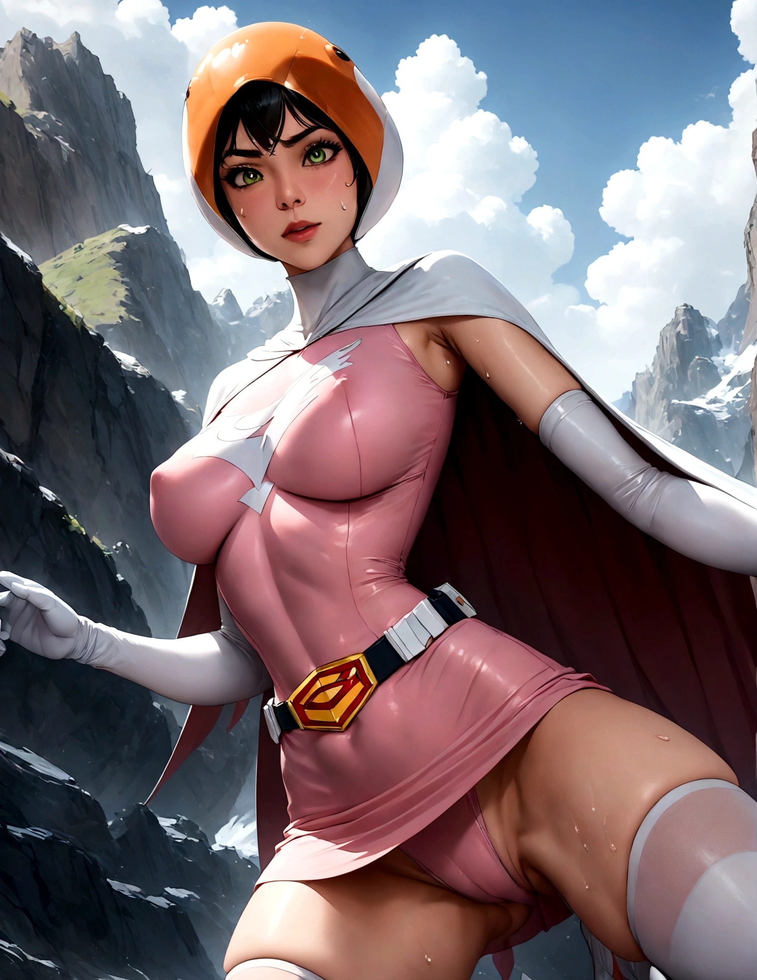 ((masterpiece)), ((highest quality)), ((High resolution)), ((Very detailed CG unity 8k wallpaper)), Beautifully detailed, Very detailed, 16k, Exquisite, Absurd, Beautiful background, Beautiful Eyes, Beautiful Skin, Beautiful Face, Outdoor, Day, Face Focus, View Viewer, alone, Concentrated, Dutch Angle Break, Hi3JTS, Jun The Swan, 1Girl, Glossy lips, Green Eyes, Big eyes, (We say:1.2), Lip mites, compensate, eyelash, eye shadow, A kind smile, attractive, (See-through orange visor:1,5), Helmet, Cape, Elbow hand pockets, Knee socks, belt, White gloves, zettai ryouiki, mask, skirt, White legwear, Superhero, leotard, Spacesuit, Pink Dress, white Cape, pink leotard, pink skirt, Short dress, White long gloves, White long boots, Gloss, Breaking the dynamism, Sweat, Sweatdrop, Browsing Caution, (action poses:1.2), Perfect hands, Perfect legs, Perfect Anatomy,
