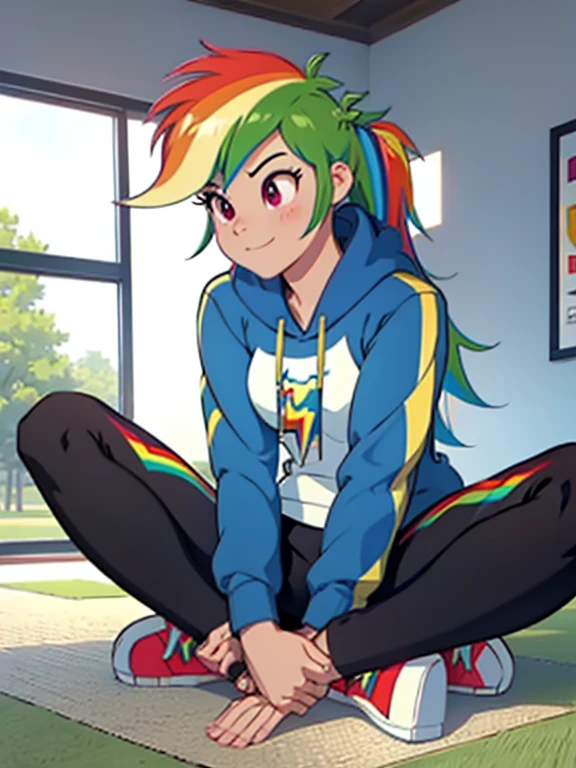 best quality, high quality, a cute girl, solo, rainbow dash, hoodie, yoga pants, legs spreading, legs spread