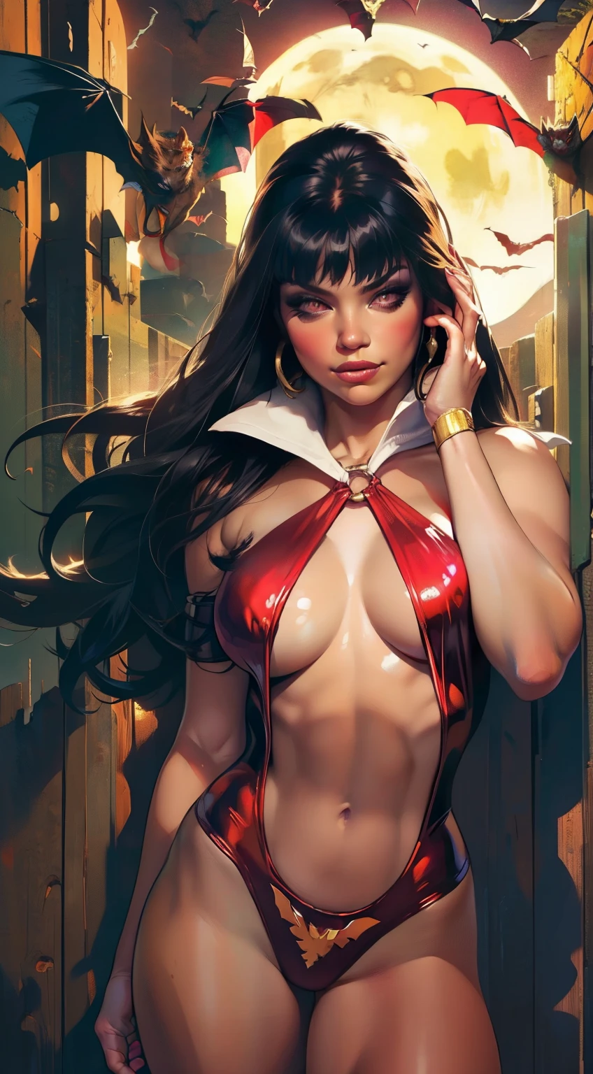 sexy vampirella wearing a deep V red swimsuit, ((Full moon and bats background)) , oily shiny skin, red eyes, hot and fit body, naughty, slutty, camel toes , detailed eyes,  flirty, sexy, naughty, large perky , realistic, HDR, UHD, dynamic, front view, dark outside. moonlight, glowing red eyes