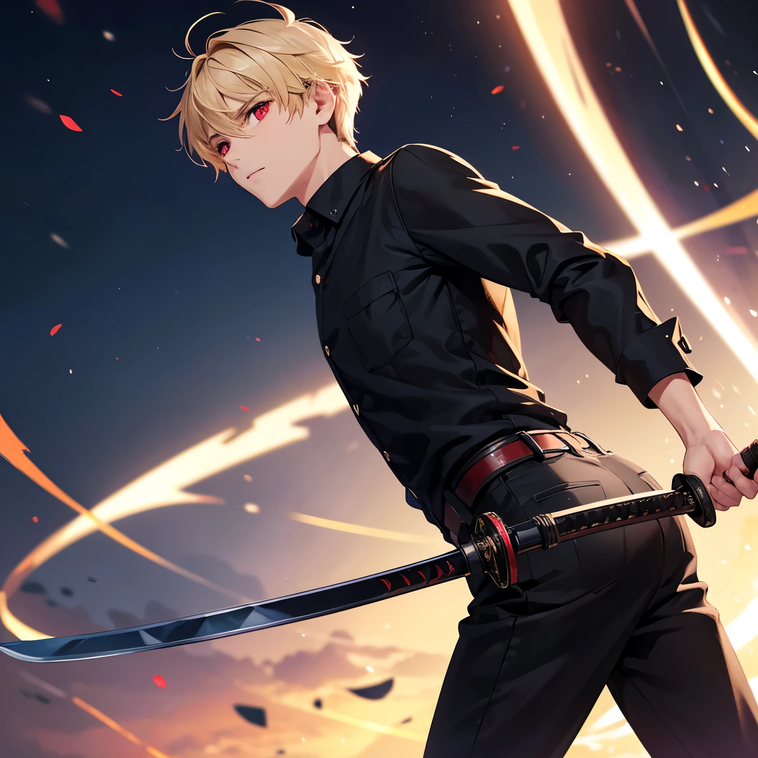 1boy,handsome,18 years old,Facing right, camera angle from the side, photo from the side, looking away ,Holding a sword, swinging at the viewer,, standing,half body photo,Perfect face, HD face, ultra detailed face, short hair, blonde hair, messy hair,Black long-sleeved shirt, open buttons,black trousers, red eyes,At night,ultra detailed, ultra HD