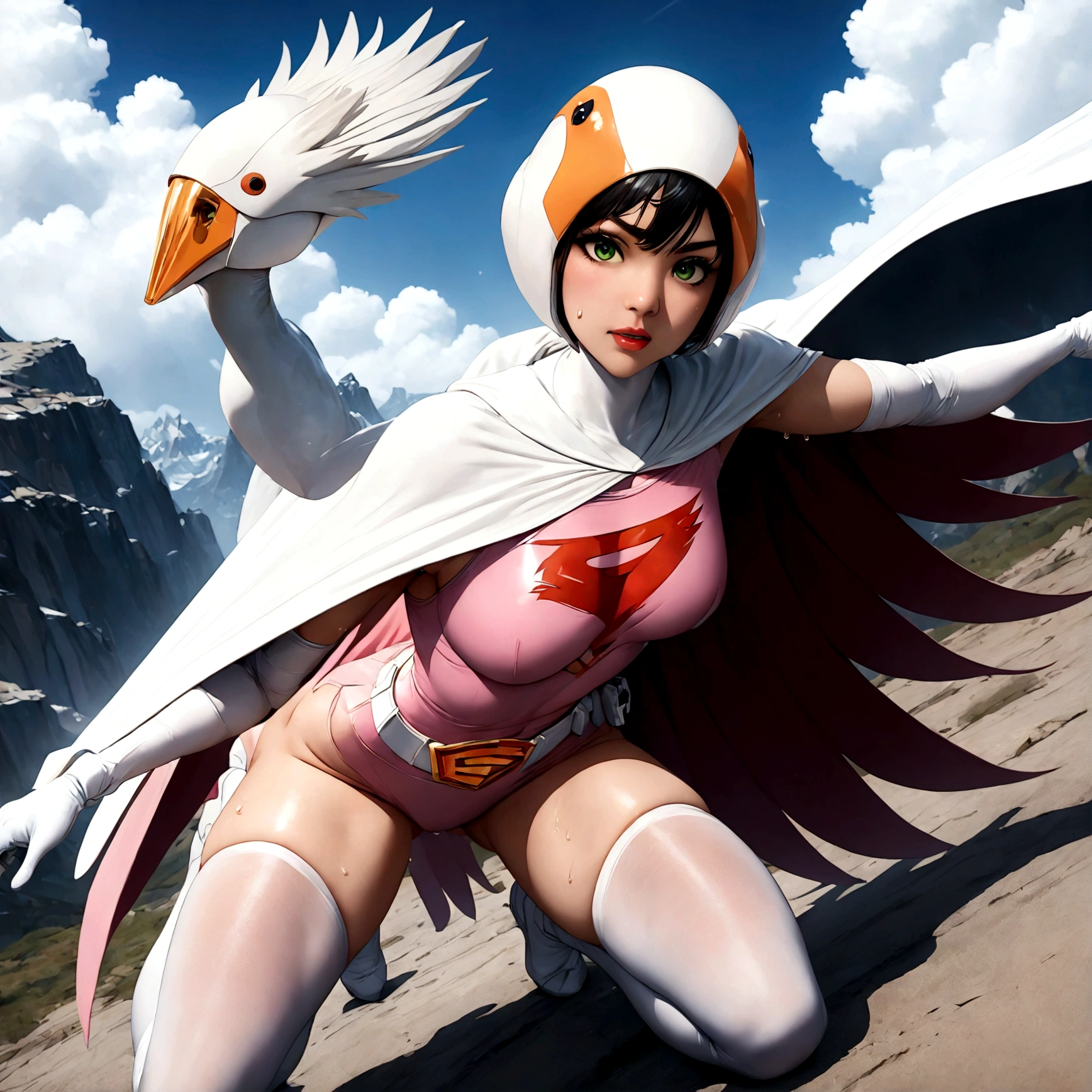 ((masterpiece)), ((highest quality)), ((High resolution)), ((Very detailed CG unity 8k wallpaper)), Beautifully detailed, Very detailed, 16k, Exquisite, Absurd, Beautiful background, Beautiful Eyes, Beautiful Skin, Beautiful Face, Outdoor, Day, Face Focus, View Viewer, alone, Concentrated, Dutch Angle Break, Hi3JTS, Jun The Swan, 1Girl, Glossy lips, Green Eyes, Big eyes, (We say:1.2), Lip mites, compensate, eyelash, eye shadow, A kind smile, attractive, (See-through orange visor:1,5), Helmet, Cape, Elbow hand pockets, Knee socks, belt, White gloves, zettai ryouiki, mask, skirt, White legwear, Superhero, leotard, Spacesuit, Pink Dress, white Cape, pink leotard, pink skirt, Short dress, White long gloves, White long boots, Gloss, Breaking the dynamism, Sweat, Sweatdrop, Browsing Caution, (action poses:1.2), Perfect hands, Perfect legs, Perfect Anatomy,