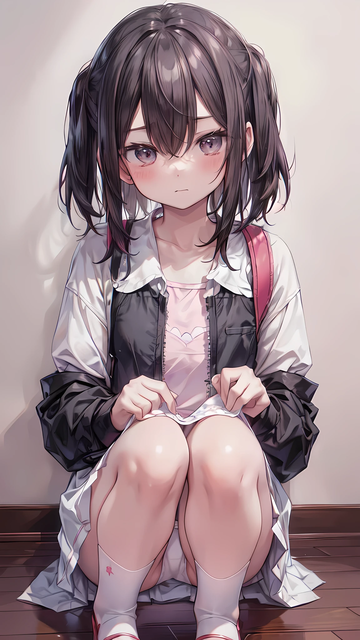 ((masterpiece, sidelighting, finely detailed beautiful eyes: 1.2)), ultra-detailed, ultra high res, professional lighting, high quality makeup, beautiful detailed eyes, beautiful, big eyes, drooping eye, (solo), (:1.3), (elementary school student, school uniform:1.2), (red school bag, Randoseru:1.2), (Loli:1.3), ite body:1.3), (flat chest:1.2), blush cheek, blush body, moist eyes, black hair, short hair, ahoge, (bangs hide the eyes:1.4), glasses, Extremely cute, (extremely detailed beautiful face), Authentic skin texture, beautiful hair, beautiful face, beautiful eyes, beautiful body, beautiful hands, squat, (face focus:1.6), white underwear