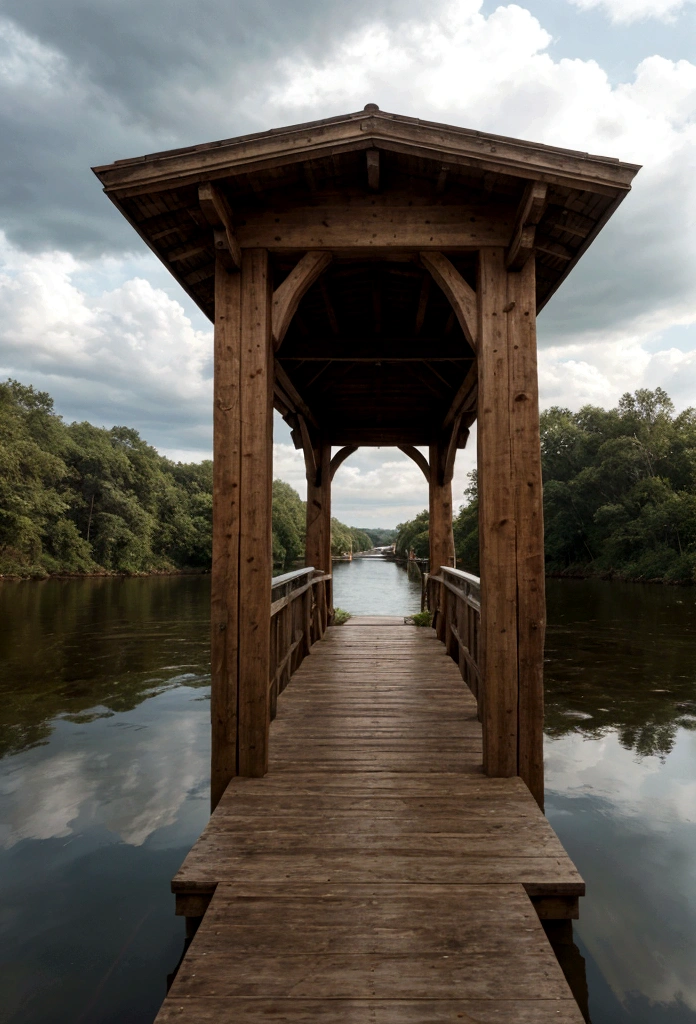 hyperrealistic wooden bridge, first person perspective crossing, detailed architecture, natural lighting, realistic textures, aged wood, water reflections, lush foliage, dramatic clouds, photorealistic, 8k, high quality, detailed, masterpiece,