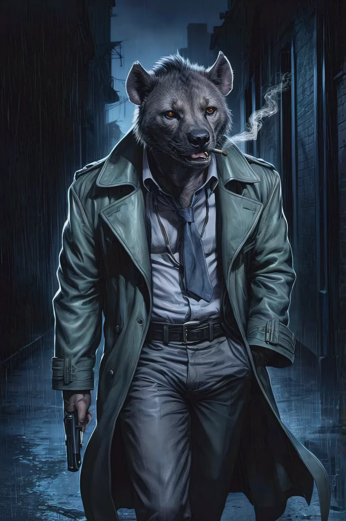 A captivating illustration of a humanoid hyena detective in a film noir comic art style, portrayed as a relentless seeker of justice. He dons a trench coat, a loose necktie, and clasps a cigarette between his teeth. With a handgun in hand, the detective stands in a dark, rain-soaked alley, on high alert for any potential danger. The atmosphere is charged with suspense, as the shadows cast by the dim streetlight create an eerie, yet mesmerizing scene., illustration