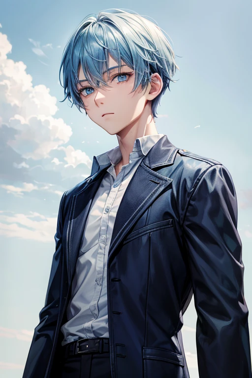 Light blue hair, Male in late , Short Hair, Dark blue eyes, Grey clothes, Expressionless, Blue sky background.