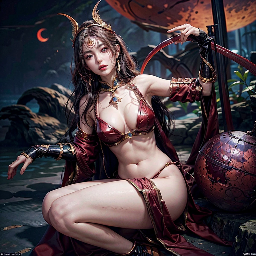 NSFW, 8K,High -level, absurd, masterpiece, best quality, primitive, very detailed CG, very detailed wallpaper, perfect lighting, Jitome, lips, makeup, desert, Oasis pond, wh_chi_armor, (((The personification of Red Moon))), MysticSight, Tyndall effect, Tyndall scattering, (EXPOSED:0.75), (ZoomedOut:1