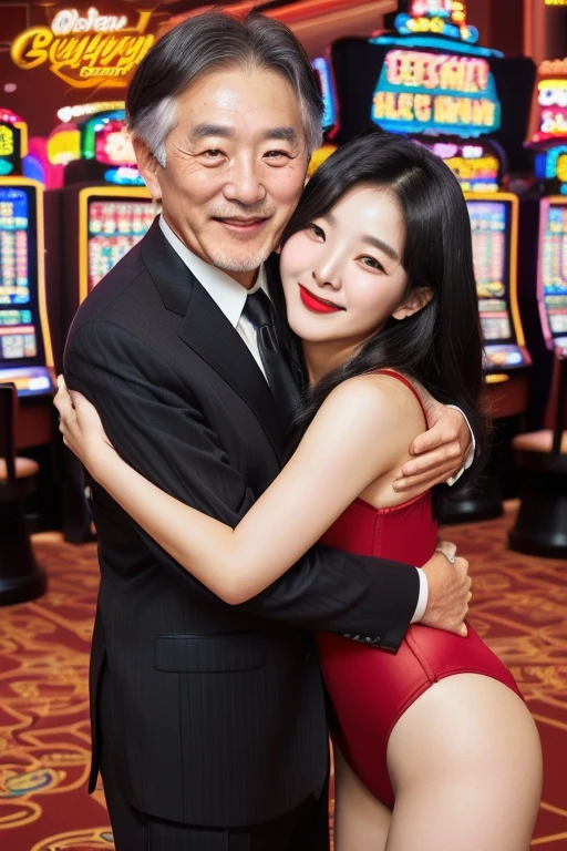 (((1 korean young girl and 1 old korean man cheek to cheek))), {1 korean girl, big breasts, strikingly beautiful, delicate facial features, black hair, red lips, erotic pose, expressive eyes, bitter white skin, Release of long shiny black hair, sit in front of a slot machine,inside a casino, casino, Vesper Lynd de Casino Royale, online casino logo, screenshot of a stunning screen, (((playboys bunny bodysuit))), (black bunny ear hairband),((awe and joy expression)), } ,(((60 years old korean man wearing business suit))), (((60 years old man hugging korean young girl))), focus on korean old man, cowboy shot,