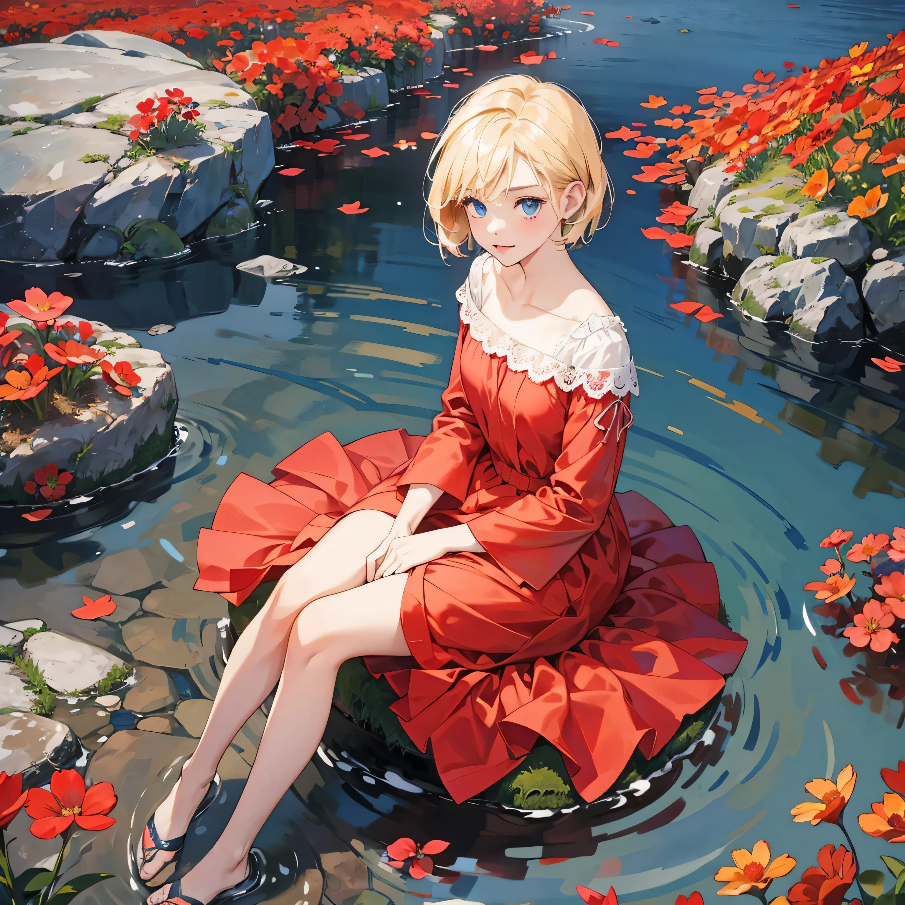 1girl, short blonde hair, blue eyes, wearing red dress, sitting on the rock, flower field, looking at the viewer