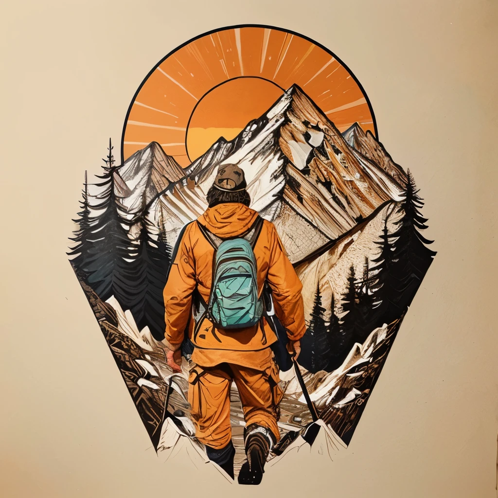there is a man with a backpack walking through the montanhas, na montanha, in the montanhas, traveling through the montanhas, um andarilho em uma montanha, SUNSET ILLUSTRATION, arte vetorial detalhada, subindo da cordilheira, vetor behance hd jesper ejsing, detailed digital illustration, poster illustration, commercial illustration, explorer sketch, Mountain label, montanhas, high contrast illustrations
