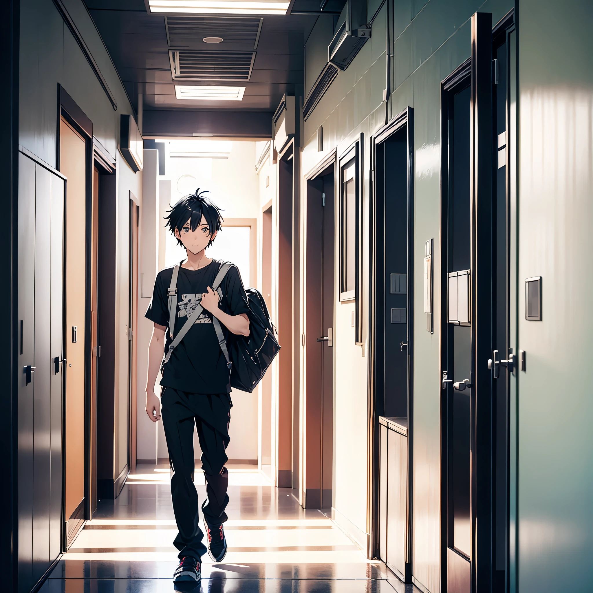 anime boy with black hair walk in a corridor to an open door