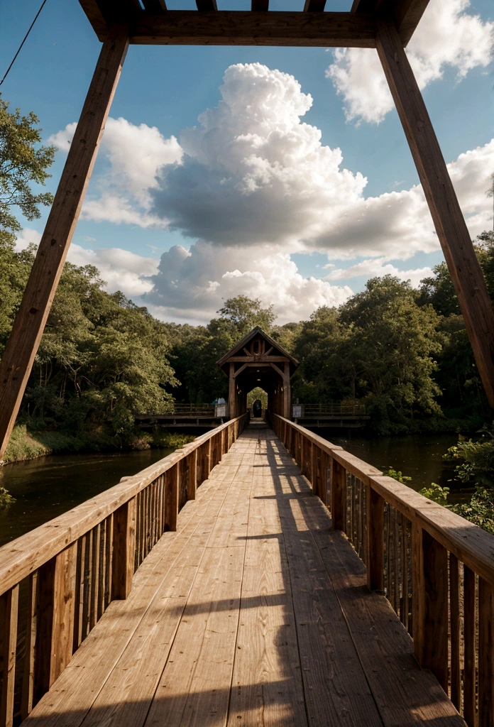 hyperrealistic wooden bridge, first person perspective crossing, detailed architecture, natural lighting, realistic textures, aged wood, lush foliage, dramatic clouds, photorealistic, 8k, high quality, detailed, masterpiece,