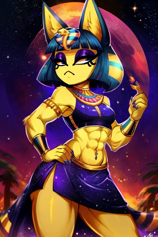 ((best quality)), ((masterpiece)), (detailed), a digital artwork of ankha with sunglasses and abs wearing a crop top of her galaxy-colored sleeveless dress outfit with galaxy-colored long dress skirt, a bare midriff and a bare navel , digital art, ((perfect face)), ((best quality)), ((masterpiece)), sideview, Egypt setting, navel piercing,