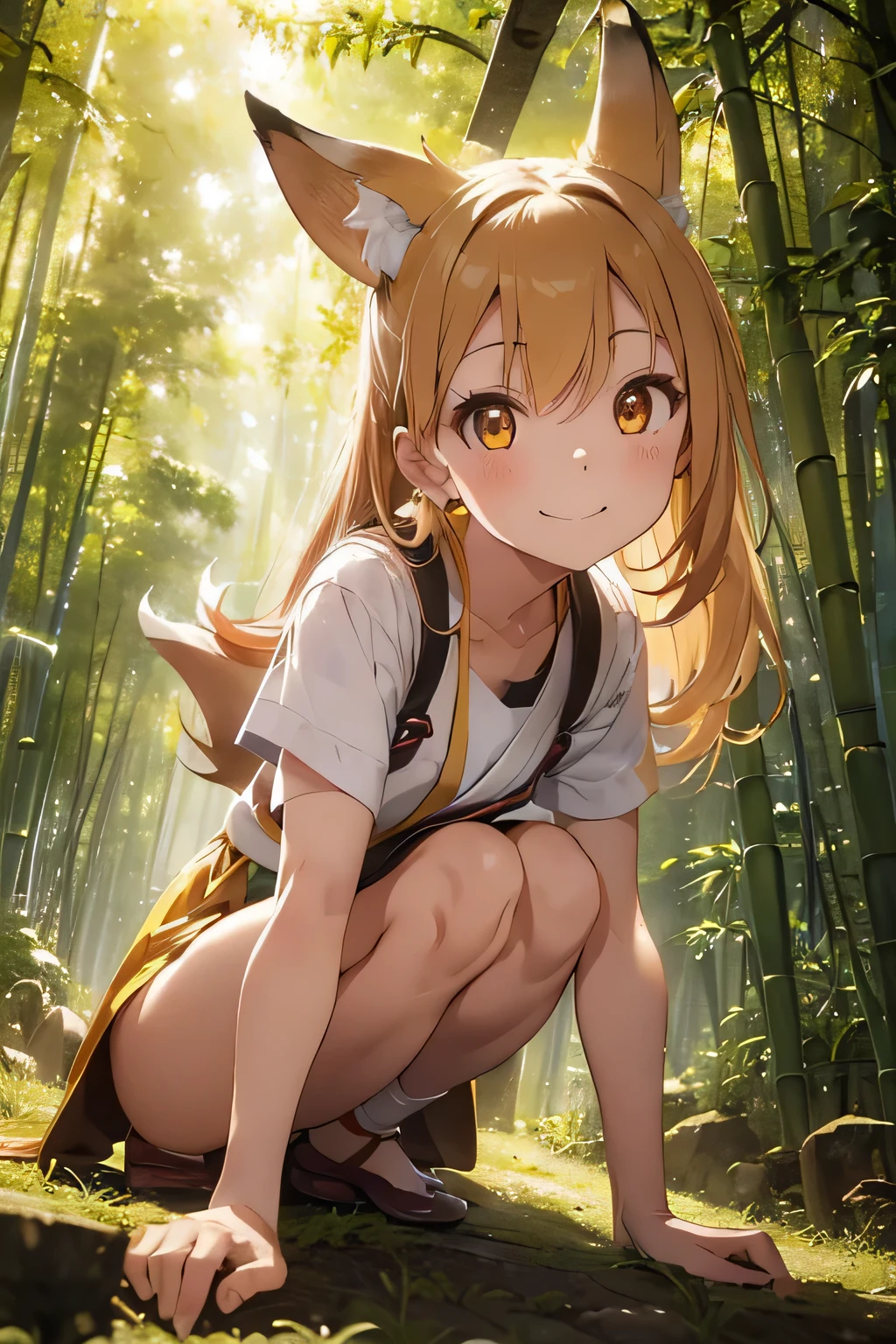 tsukasa kudamaki. smile, light oldest japanese clothes. beautiful body. bamboo forest. morning in forest. Full body. Beautiful pose. a head turned to viewer. smiling, beautiful fox yellow eyes. Fox yellow ears. nature around. very beautiful shot. professional shooting. ultra high quality. Beautiful face. Beautiful eyes. 
