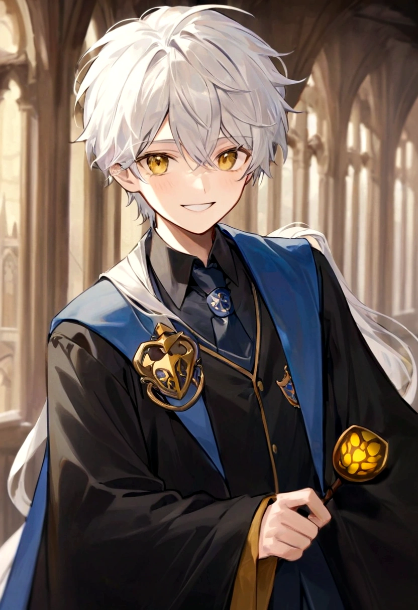 Ravenclaw uniform, Ravenclaw emblem, black robe. One beautiful face boy. Very smart. white Hair. Amber yellow eyes. Hogwarts. Cheerful. Smile. Blue clothes