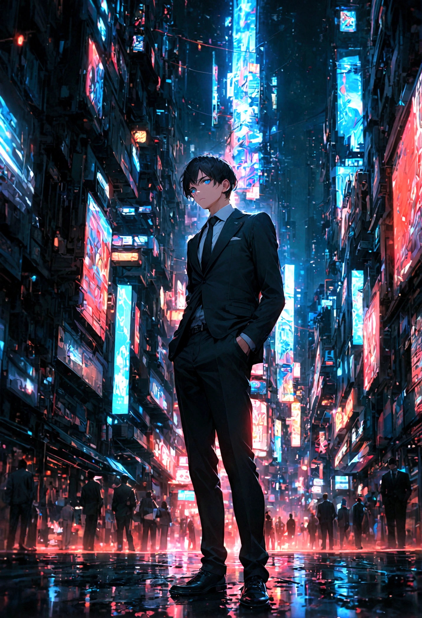 A black-haired, blue-eyed man wearing a black suit has his hands in his pockets and his back is facing the middle of the city at night.