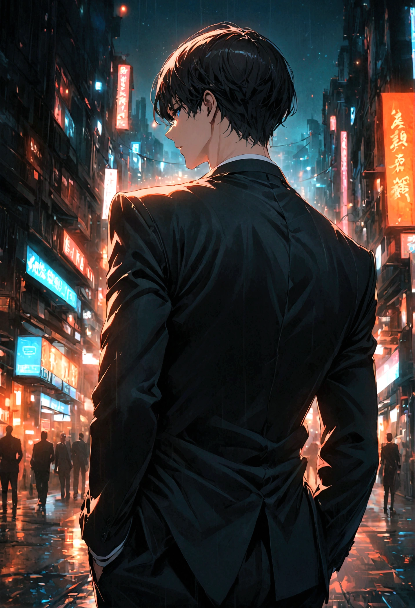 A black-haired, blue-eyed man wearing a black suit has his hands in his pockets and his back is facing the middle of the city at night.