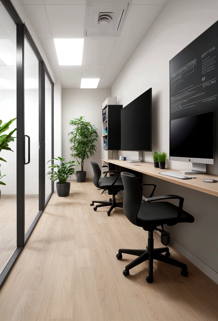 Create an image of a timekeeping environment in a company. The location must be a dedicated, well-lit, and organized area. Imagine a small room or section near the main entrance, where employees usually pass when arriving and leaving work.
On the wall is a modern time clock with a clear digital screen and accessible buttons. Next to the time clock, a 32-inch TV is firmly fixed, showing important information or company announcements. There is also a support where time cards are organized, allowing easy access to employees.
The floor is covered with a resistant and easy-to-clean material, such as vinyl or ceramic. The walls are painted in neutral colors, conveying a professional and welcoming atmosphere. Near the time clock, there is a small bench or chair for employees' comfort if they need to wait.
Nearby, you can see other elements of the office, such as ornamental plants that add a touch of green and life to the space, and perhaps some tables with computers and ergonomic chairs. Boards with useful information, such as shift schedules and safety procedures, are posted on the walls.
The image must convey a realistic, functional and welcoming scenario, reflecting an efficient and well-organized work environment.