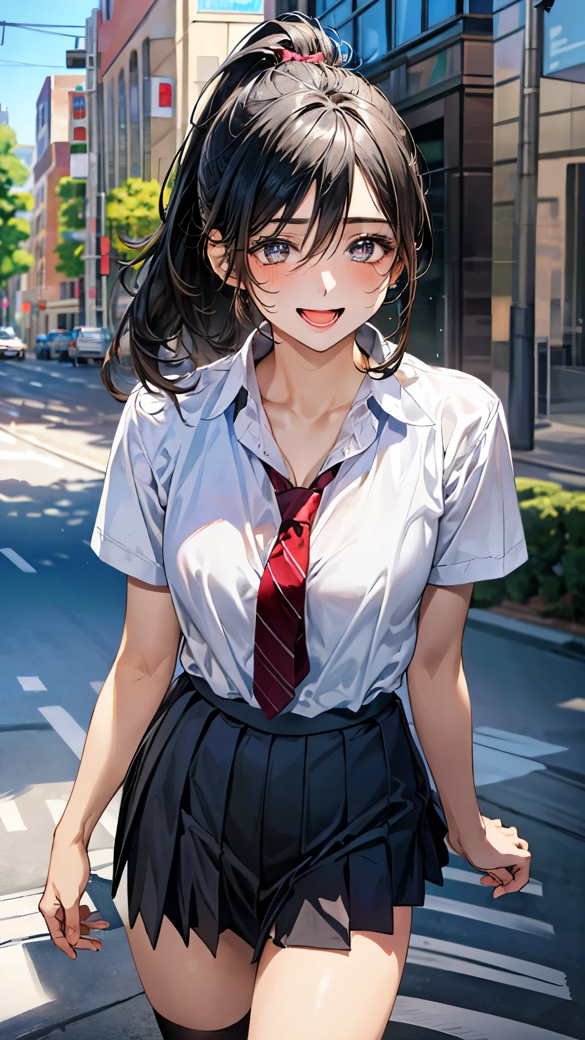 (masterpiece:1.3, top-quality, ultra high res, ultra detailed), (realistic, photorealistic:1.4), beautiful illustration, perfect lighting, natural lighting, colorful, depth of fields, ,
beautiful detailed hair, beautiful detailed face, beautiful detailed eyes, beautiful clavicle, beautiful body, beautiful chest, beautiful thigh, beautiful legs, beautiful fingers, shiny skin,
looking at viewer, 1 girl, high school girl, (perfect anatomy, anatomically correct, super detailed skin), cute and symmetrical face, babyface, perfect face, perfect eyes, slender,
(middle hair, ponytail, black hair), hair over between eyes, bangs, grey eyes, long eye lasher, (medium breasts, seductive thighs),
(white collared shirt, white shirt, black pleated skirt, red tie), white socks,
(beautiful scenery), morning, (downtown:1:2), walking, (lovely smile, open mouth),