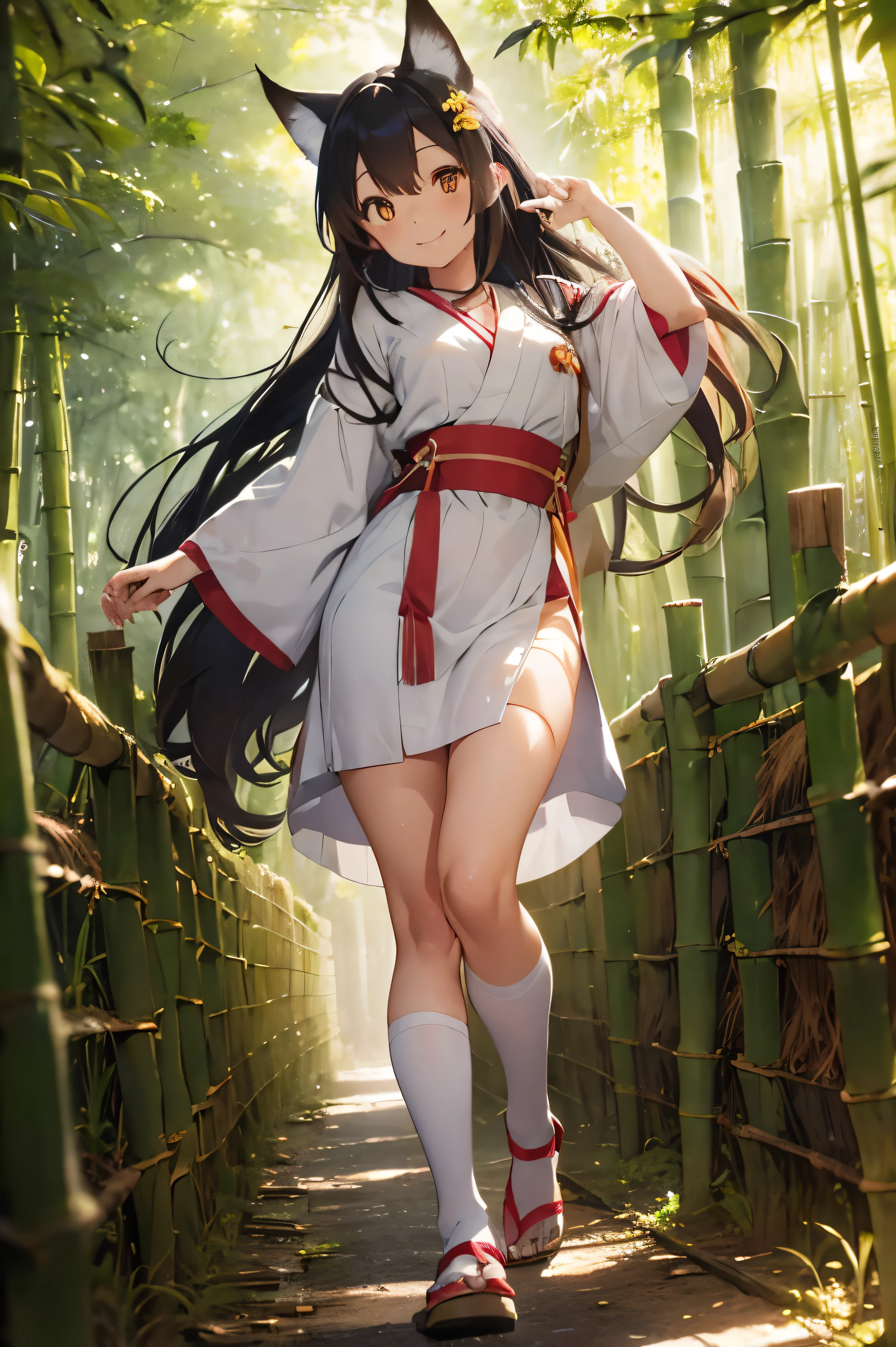 tsukasa kudamaki. smile, light oldest japanese clothes. beautiful body. bamboo forest. morning in forest. Full body. Beautiful pose. a head turned to viewer. smiling, beautiful fox yellow eyes. Fox yellow ears. nature around. very beautiful shot. professional shooting. ultra high quality. Beautiful face. Beautiful eyes.