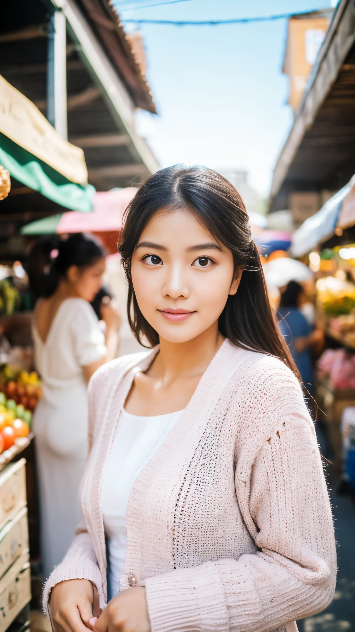 RAW, Best quality, high resolution, (masterpiece: 1.3), cute Indonesian woman, Masterpiece, curvy body, cute face, bright skin, fair skin, cute eyes, light make up, standing in a market, feminine gesture, graceful expression, body facing viewer, looking to viewer, wearing white long dress, pretty long dress, wearing peach cardigan, perfect cardigan, wearing purple heels, wearing purse, beautiful in cute pastel shades, at noon, Great lighting, great sunlight, Bright colors, Ultra realistic clean lines, very realistic