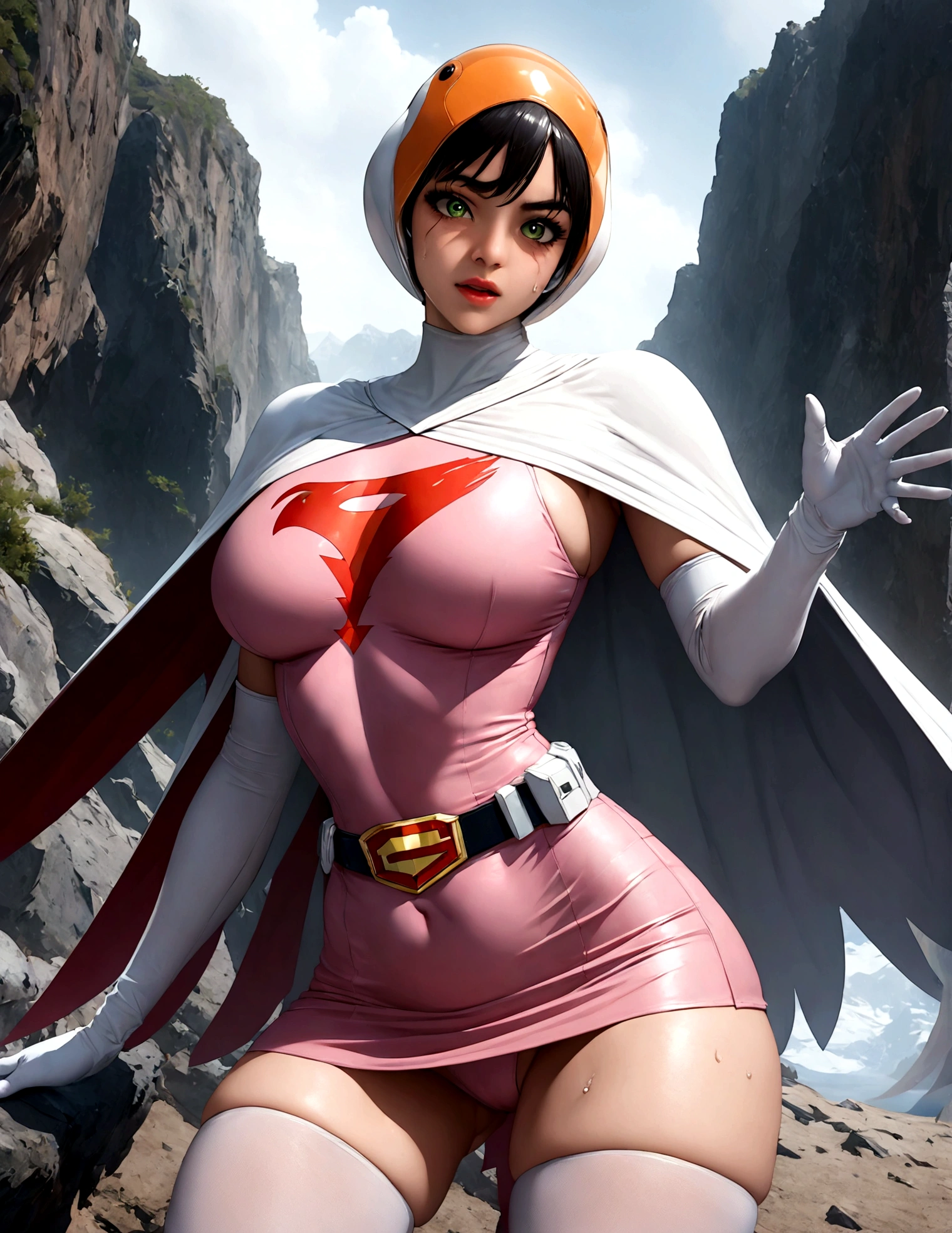 ((masterpiece)), ((highest quality)), ((High resolution)), ((Very detailed CG unity 8k wallpaper)), Beautifully detailed, Very detailed, 16k, Exquisite, Absurd, Beautiful background, Beautiful Eyes, Beautiful Skin, Beautiful Face, Outdoor, Day, Face Focus, View Viewer, alone, Concentrated, Dutch Angle Break, Hi3JTS, Jun The Swan, 1Girl, Glossy lips, Green Eyes, Big eyes, (We say:1.2), Lip mites, compensate, eyelash, eye shadow, A kind smile, attractive, (See-through orange visor:1,5), Helmet, Cape, Elbow hand pockets, Knee socks, belt, White gloves, zettai ryouiki, mask, skirt, White legwear, Superhero, leotard, Spacesuit, Pink Dress, white Cape, pink leotard, pink skirt, Short dress, White long gloves, White long boots, Gloss, Breaking the dynamism, Sweat, Sweatdrop, Browsing Caution, (action poses:1.2), Perfect hands, Perfect legs, Perfect Anatomy,
