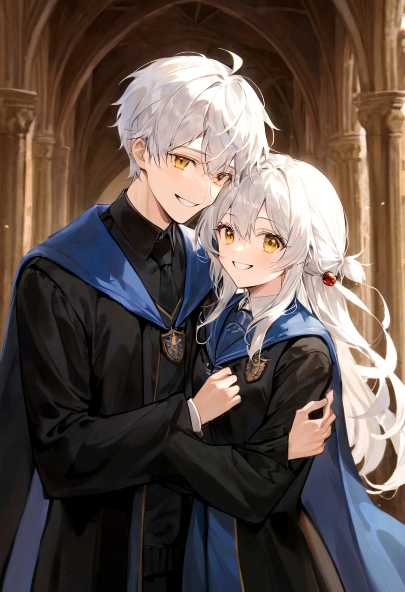 Ravenclaw uniform, Ravenclaw emblem, black robe. Beautiful face boy. Very smart. white Hair. Amber yellow eyes. Hogwarts. Cheerful. Smile. Blue clothes