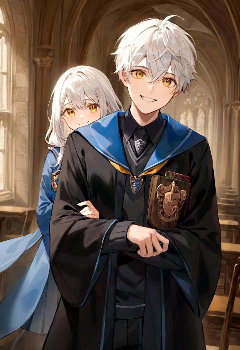 Ravenclaw uniform, Ravenclaw emblem, black robe. Beautiful face boy. Very smart. white Hair. Amber yellow eyes. Hogwarts. Cheerful. Smile. Blue clothes