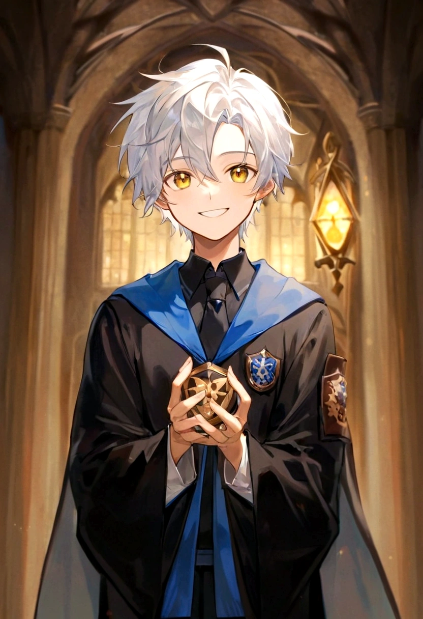 Ravenclaw uniform, Ravenclaw emblem, black robe. Beautiful face boy. Very smart. white Hair. Amber yellow eyes. Hogwarts. Cheerful. Smile. Blue clothes