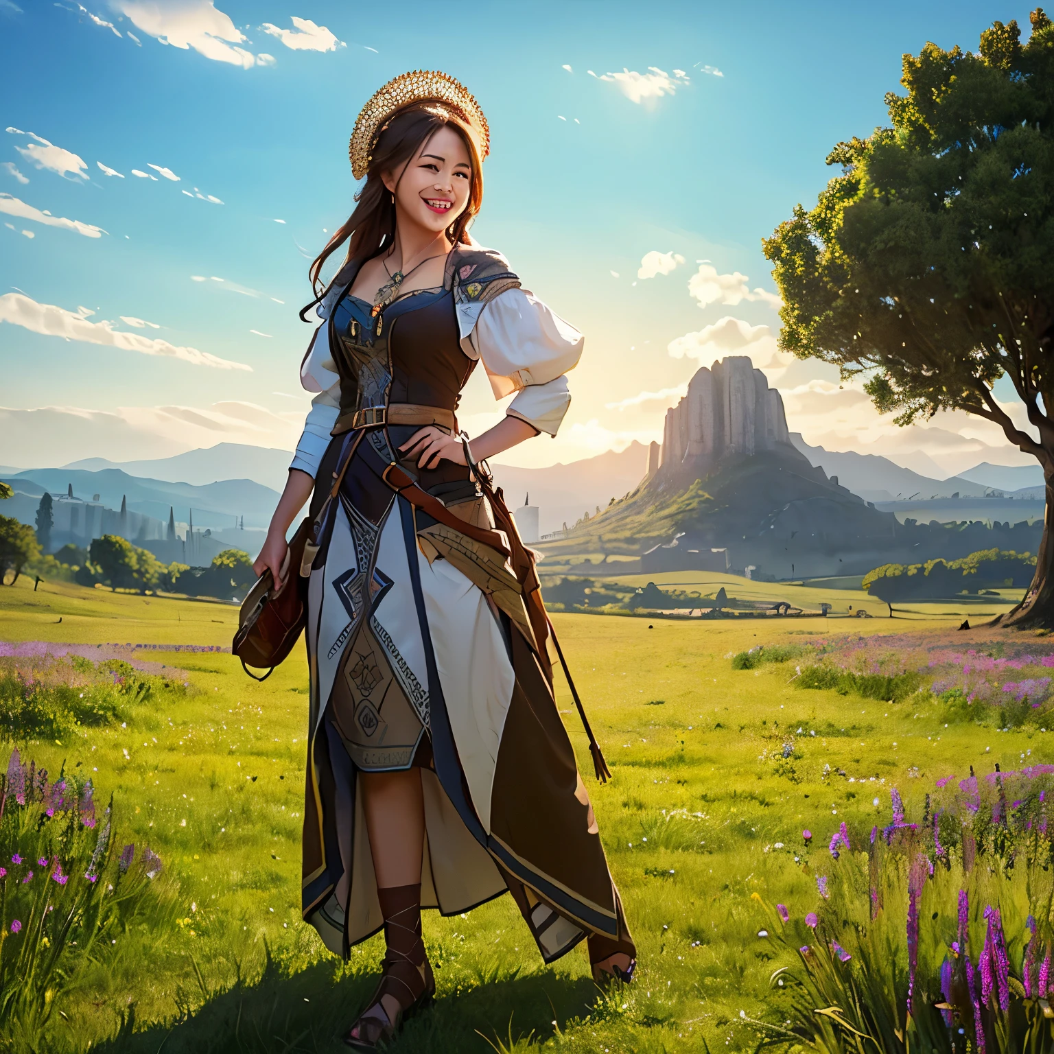 She's a confident woman dressed beautifully
Adventurer-style design clothes (clean and stylish mobility and fresh clothes suitable for the summer season) stand smiling as a conversation scene in the vast background of the meadow.
It is a mysterious expression, a detailed painting of 8K.
Dramatic lighting, cinematic composition.