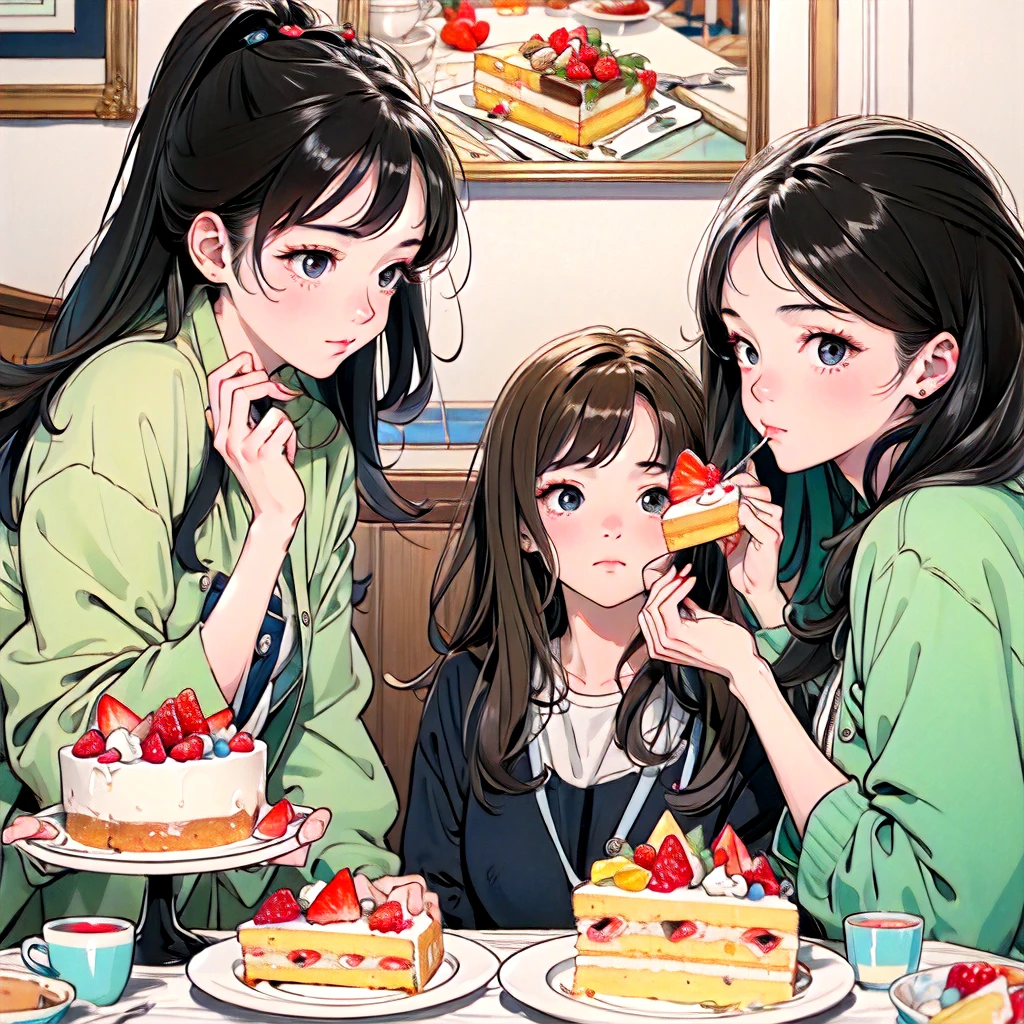 A picture of a girl eating a cake with strawberries, artwork in the style of Gweitz, by Hikari Shimoda, inspired by Hikari Shimoda, Gweitz on artstation pixiv, Gweitz on pixiv artstation, Gweitz, Gweitz masterpiece, Beeple and Jeremiah Kettner, Eat cake, By Chen Yanjun