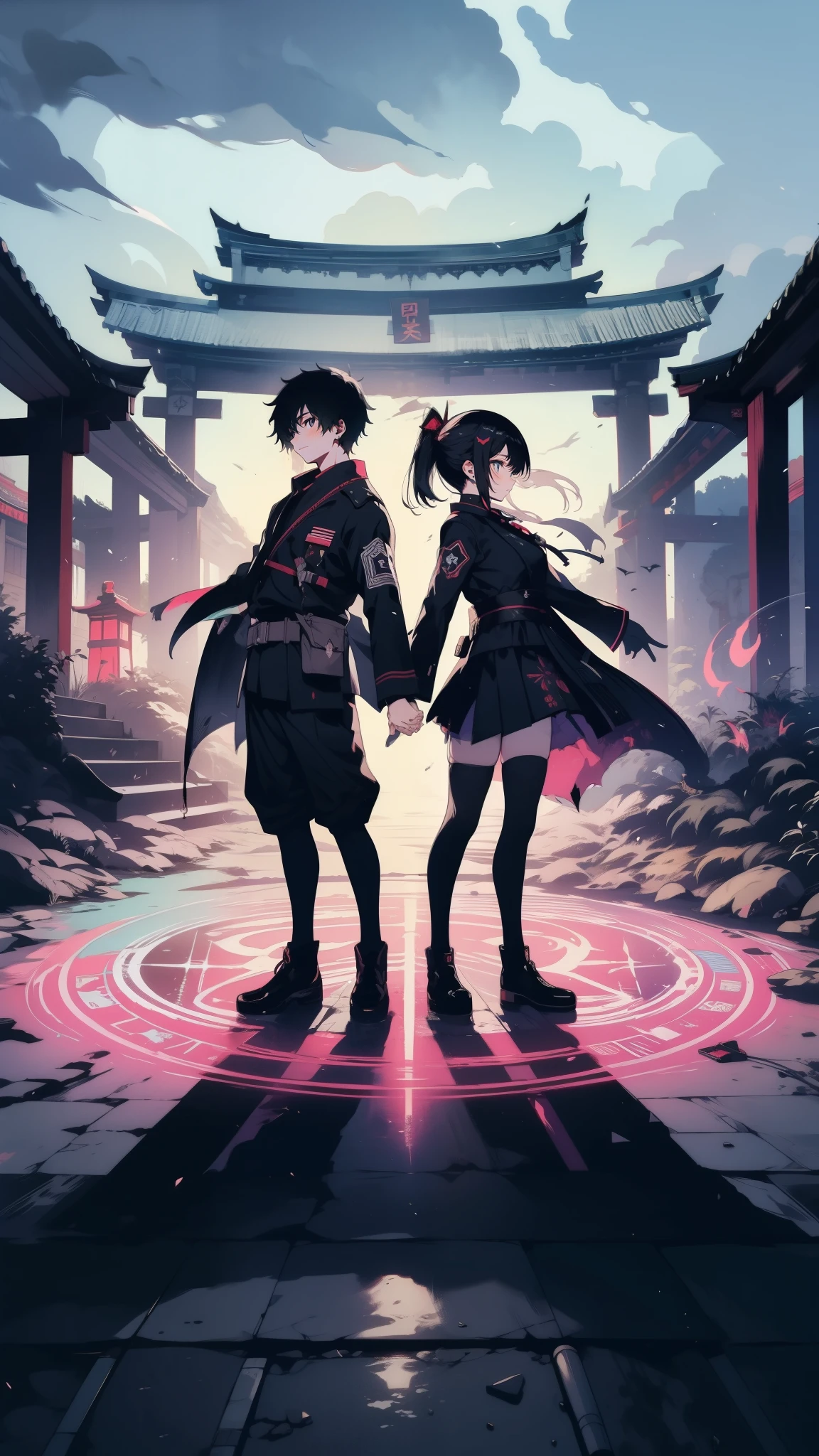 A young couple, a boy and a girl in Japanese military uniforms, stand back to back in a ruined Shinto shrine. They hold hands, channeling energy into a glowing occult symbol emblazoned on the ground. Abstract geometric shapes pulse with power, fantasy world, dark background, clean design, epic, artstation, colorful paint splatter, silhouette, hyper detailed intricate details, unreal engine, fantasy, splash screen, complementary colors, deviantart masterpiece, oil painting, heavy strokes, paint dripping, indifferent expression