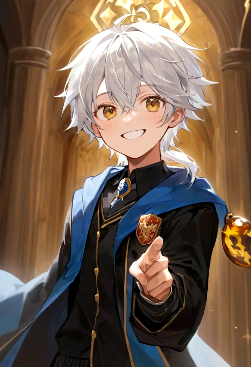 Ravenclaw uniform, Ravenclaw emblem, black robe. One beautiful face boy. Very smart. white Hair. Amber yellow eyes. Hogwarts. Cheerful. Smile. Blue clothes