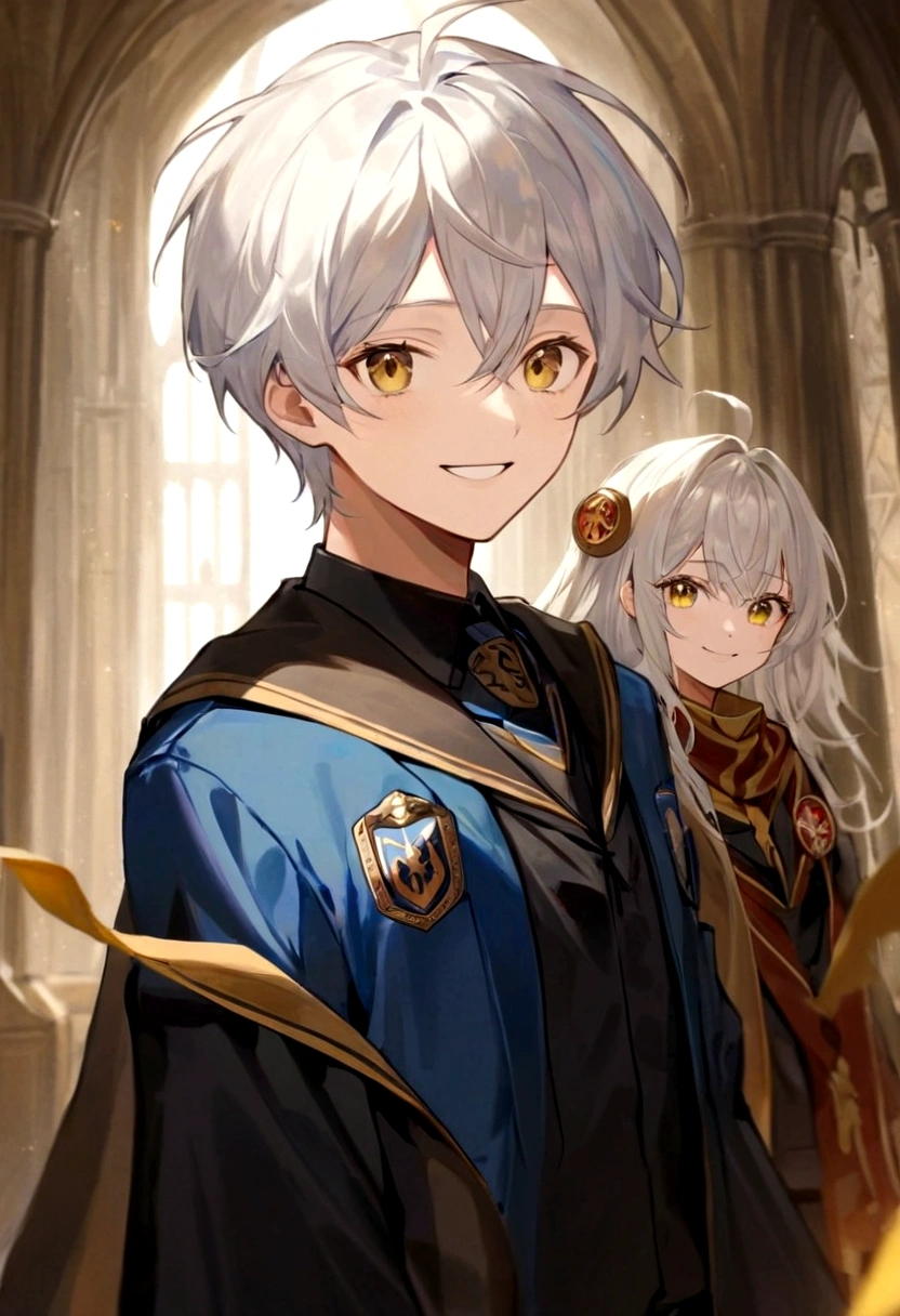 Ravenclaw uniform, Ravenclaw emblem, black robe. One beautiful face boy. Very smart. white Hair. Amber yellow eyes. Hogwarts. Cheerful. Smile. Blue clothes