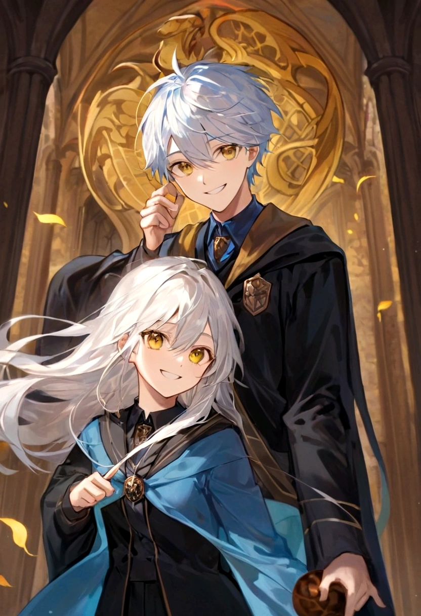 Ravenclaw uniform, Ravenclaw emblem, black robe. One beautiful face boy. Very smart. white Hair. Amber yellow eyes. Hogwarts. Cheerful. Smile. Blue clothes