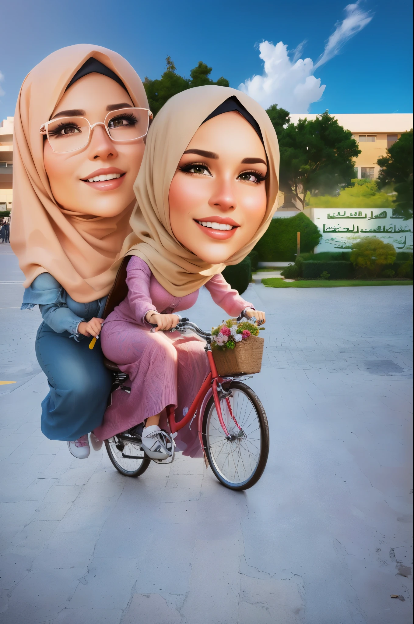 cartoon of two hijab woman riding a bike, caricature illustration, caricature!!!, caricature, cartoon digital art, realism artstyle, caricature style, 3 d cartoon, cartoon artstyle, digital art cartoon, cartoon digital painting, cartoon portrait, realistic 3d, realistic cartoon, cartoon art, in cartoon style, realism art, by Abidin Dino