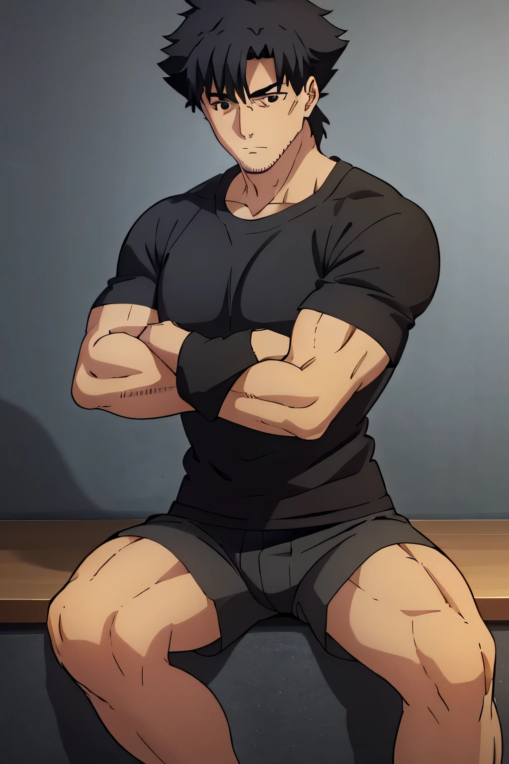 Kiritsugu is sitting and flexing his buff biceps and thighs. He wears black short boxershorts. You can see his thighs. He wears a black tshirt with short sleeves. His right sleeve is completely rolled up so you can see his entire arm and shoulder. He is showing his abs too. He is admiring his arms.