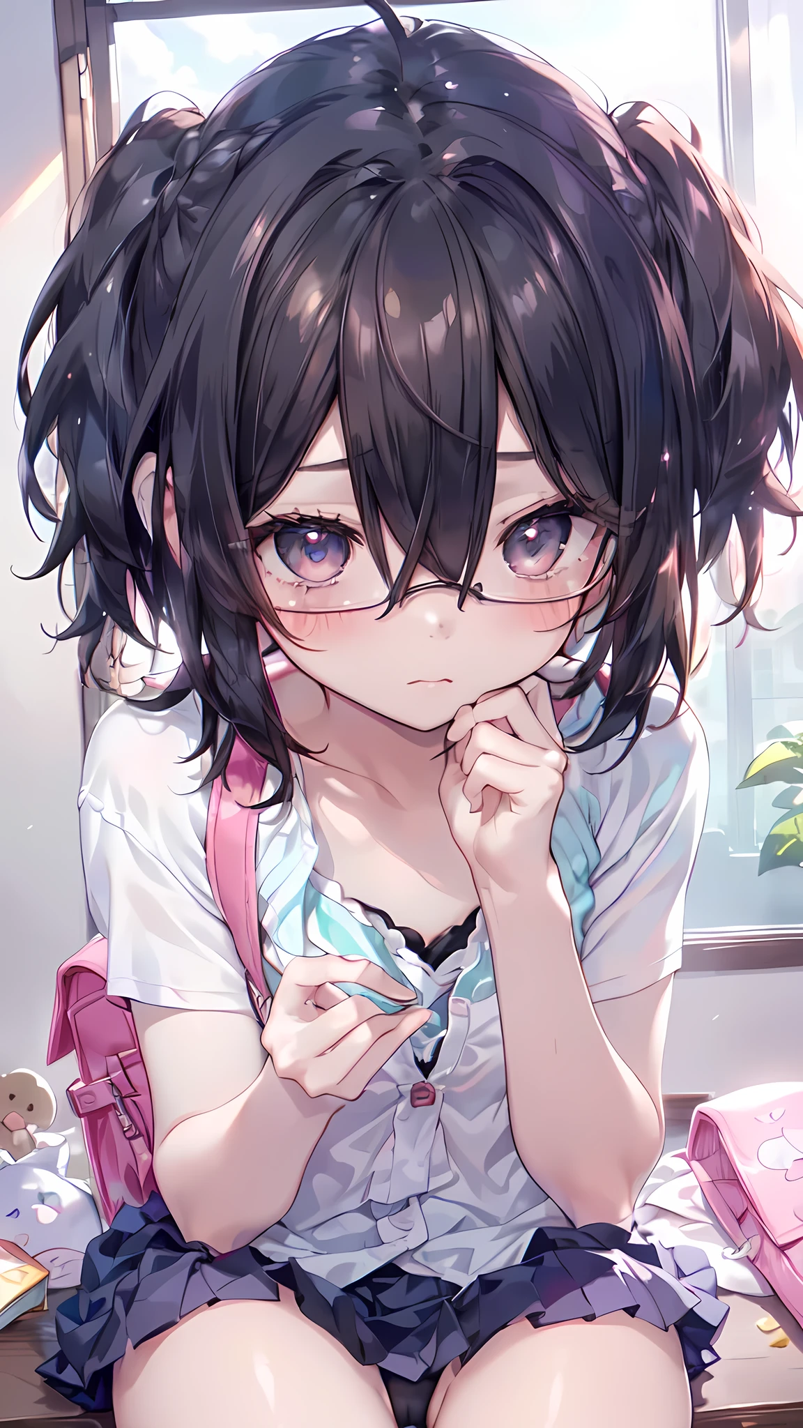 ((masterpiece, sidelighting, finely detailed beautiful eyes: 1.2)), ultra-detailed, ultra high res, professional lighting, high quality makeup, beautiful detailed eyes, beautiful, big eyes, drooping eye, (solo), (:1.3), (elementary school student, school uniform:1.2), (red school bag, Randoseru:1.2), (Loli:1.3), ite body:1.3), (flat chest:1.2), blush cheek, blush body, moist eyes, black hair, short hair, ahoge, (hair over eyes:1.6), glasses, Extremely cute, (extremely detailed beautiful face), Authentic skin texture, beautiful hair, beautiful face, beautiful eyes, beautiful body, beautiful hands, squat, (face focus:1.6), white underwear