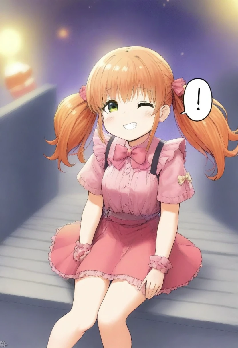 1girl, winking girl, star iris, long pigtails, random outfit, cute outfit, orange hair, nice night,AddXL,little_girl, sitting, red long hair, outfit random,