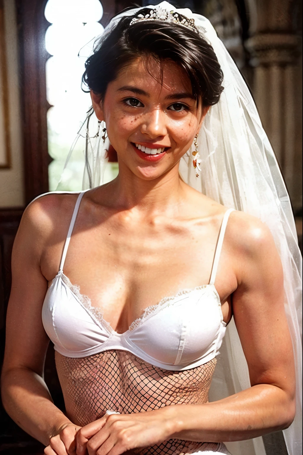Naked Bride." shape, Large saggy breasts, Beautiful nipples, Perfect body, whole body , Church wedding, (((There were many participants behind her...))). (((white transparent wedding dress, Transparent Micro Panties, Transparent Micro Bra, Fishnet tights.))) . Thick pubic hair. ,(highest quality, 4K, 8k, High resolution, Tabletop:1.2), Very detailed, (Realistic, Realistic, Realistic:1.37), Royal, attractive, (Vibrant colors, Sharp Chest:1.1), Soft lighting"Writhing expression. The most beautiful woman in town.