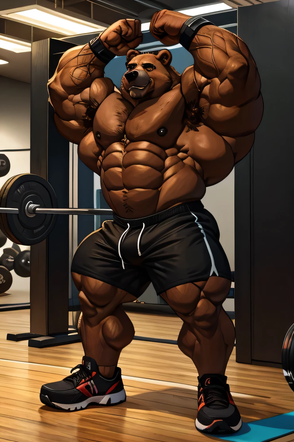 Bear, brown, Girzzly, huge muscles, himbo, black shorts, black gym shoes, black wristbands, gym, cable extraction, working out, workout, strong, veins